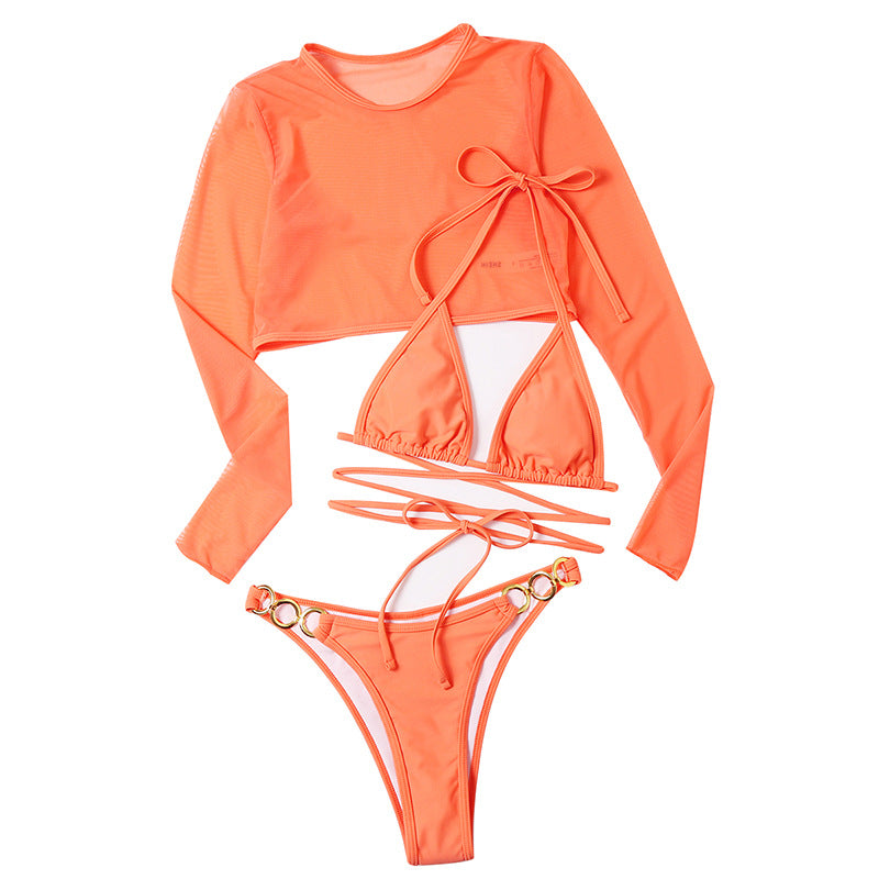 New Swimsuit Long Sleeve Mesh Coat Women'S Three Piece Swimsuit Solid Color Sexy Bikini