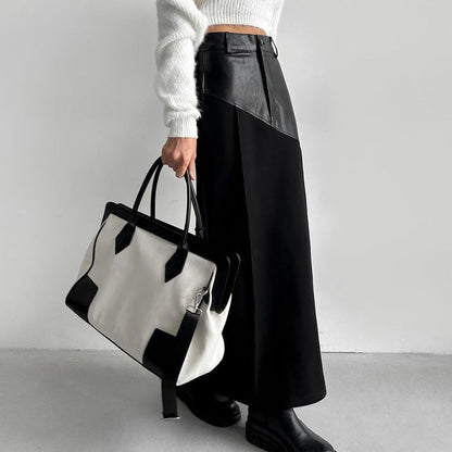 Elegant Pockets Black PU Leather Midi Skirt
