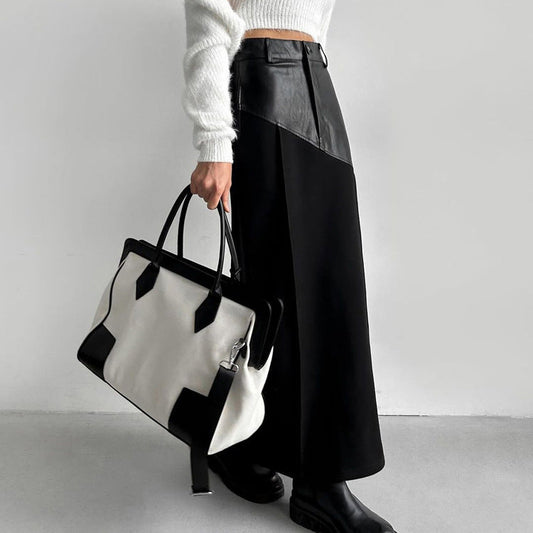 Elegant Pockets Black PU Leather Midi Skirt