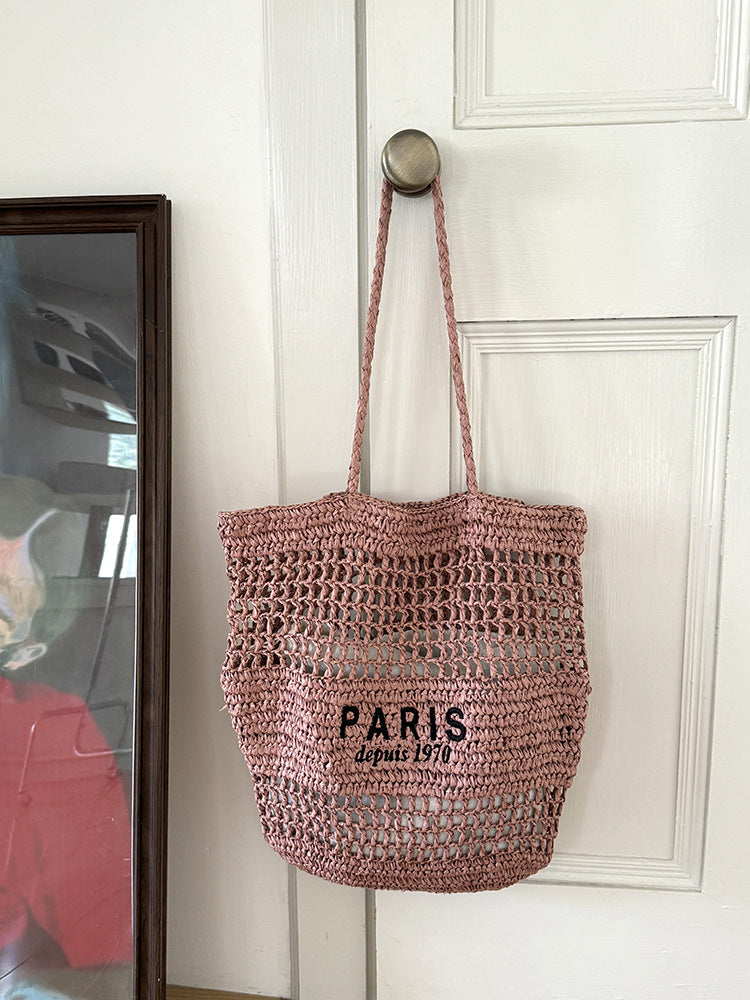 Letter Embroidery Straw Shoulder Bag Large Capacity Beach Tote