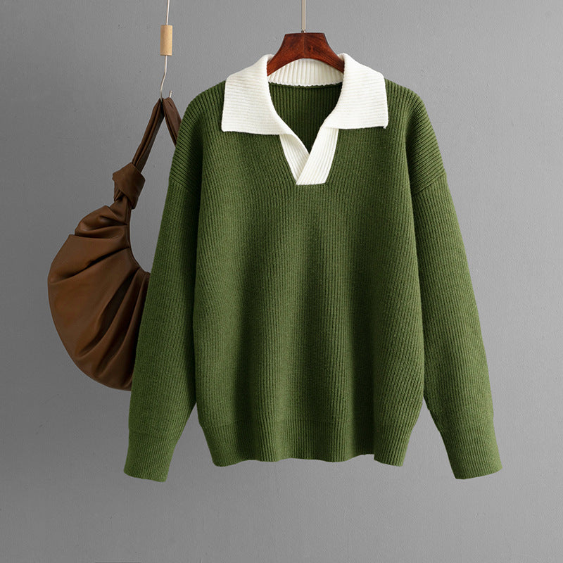Knit Polo Collar Color Block Pullover Sweater