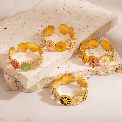 Colorful Floral Stainless Steel Ring Stylish Casual 18K Gold-Filled Women's Ring