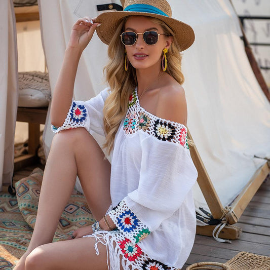 New Off The Shoulder Half Sleeve Hook Pattern Stitching Irregular Tassel Beach Cover Up Shirt Ethnic Style Dress