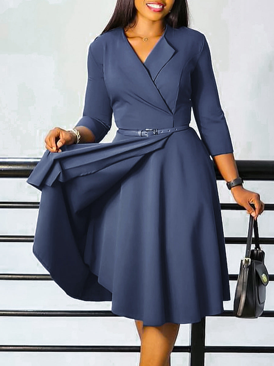 Elegant V-Neck Solid Color A-Line Dress With Belt