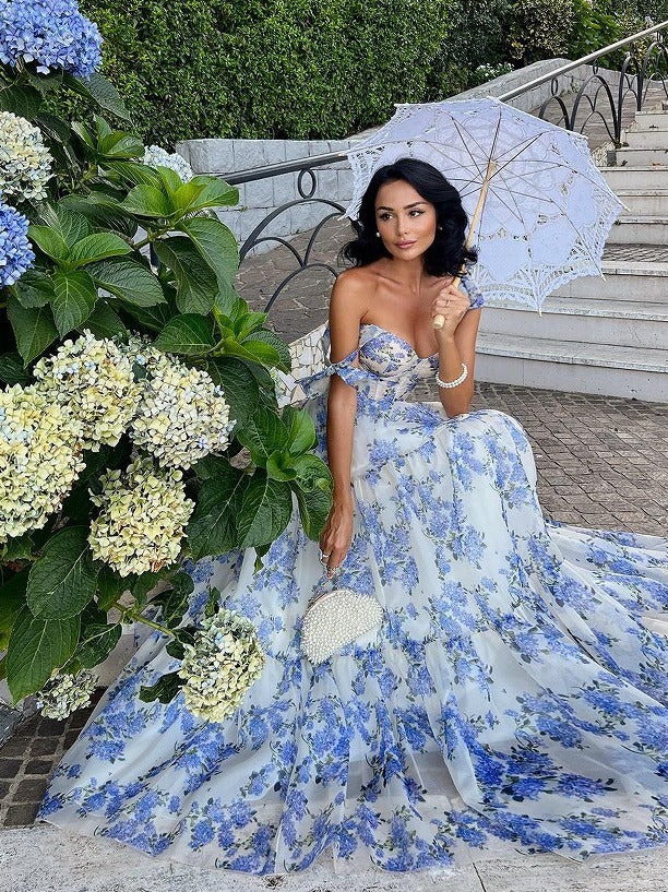 Elegant Off-Shoulder Maxi Dress with 3D Floral Design