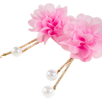 Exaggerated Flower Tassel Earrings With Faux Pearl For Women