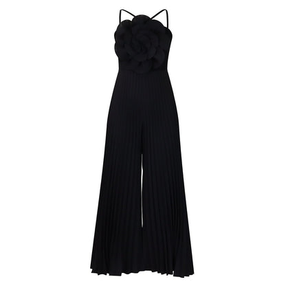 Fashionable Sexy Solid Color Pleated Jumpsuit With Floral Design
