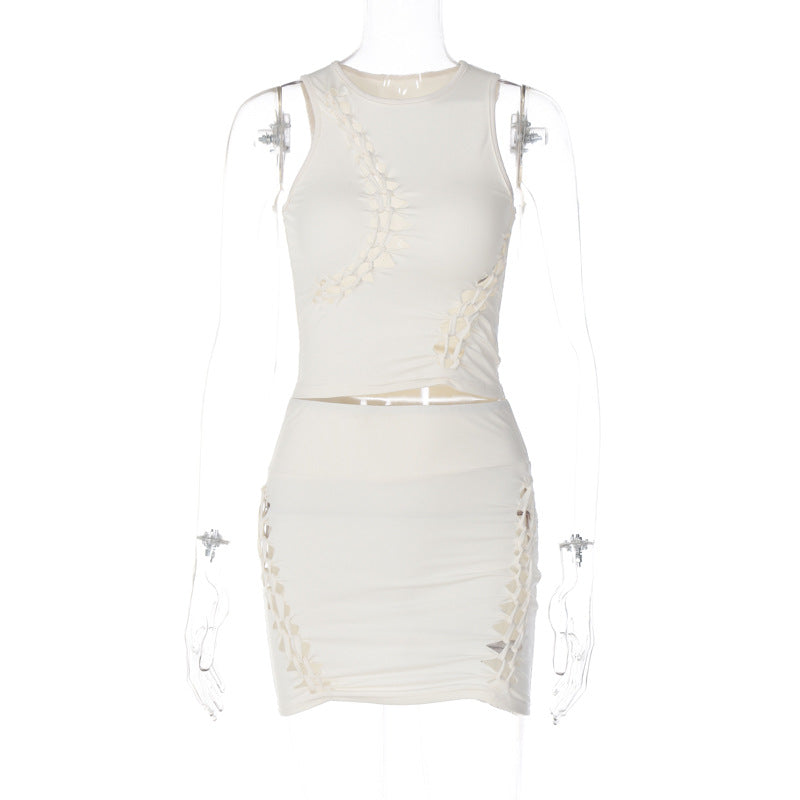 Stylish Sleeveless Hollow Out Top And Skirt Set