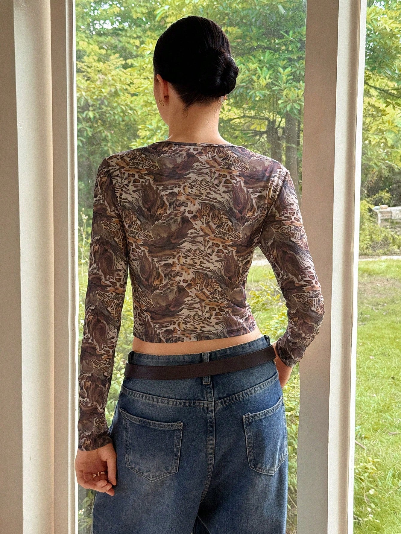 Mesh Leopard Print Round Neck Sheer Blouse