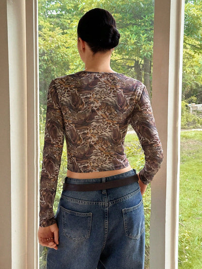 Mesh Leopard Print Round Neck Sheer Blouse