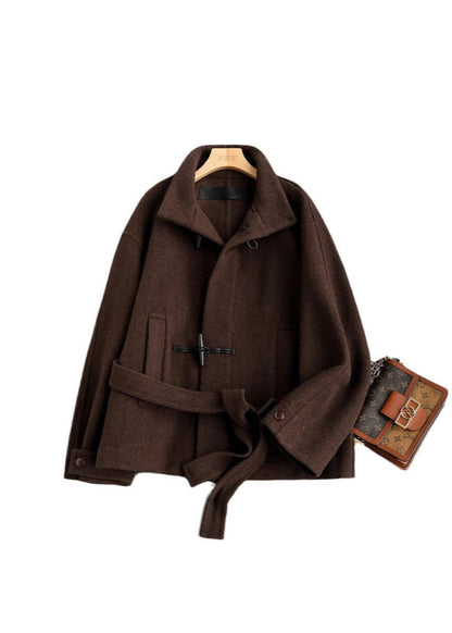 Belted Wool Toggle Coat Dark Brown Tailored