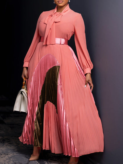 Elegant Color-Block A-Line Dress With Belt