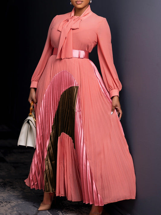 Elegant Color-Block A-Line Dress With Belt
