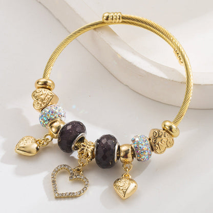 Heart-Shaped Crystal Bracelet Adjustable Handcrafted Stainless Steel Bangle