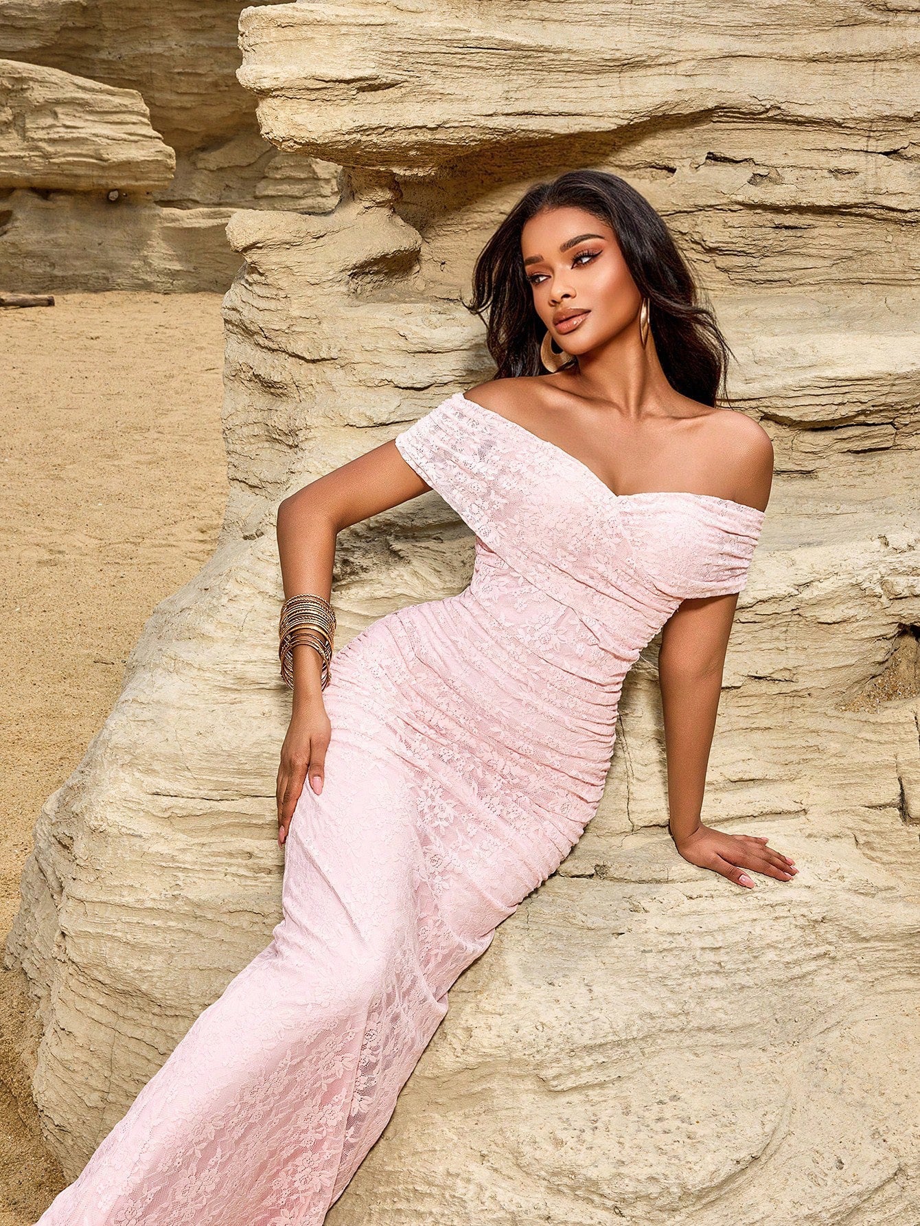 Elegant Off-Shoulder Lace Maxi Evening Dress