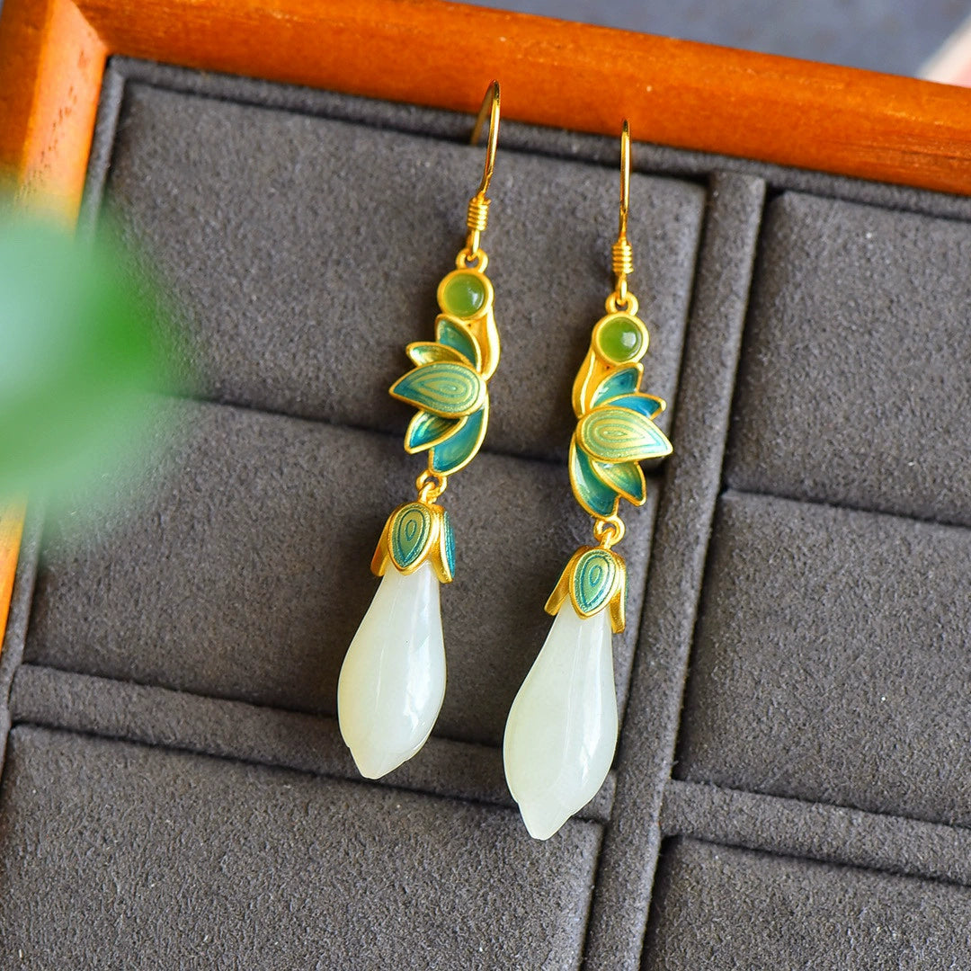 925 Silver Plated Magnolia Flower White Jade Retro Palace Style Long Women'S Earrings