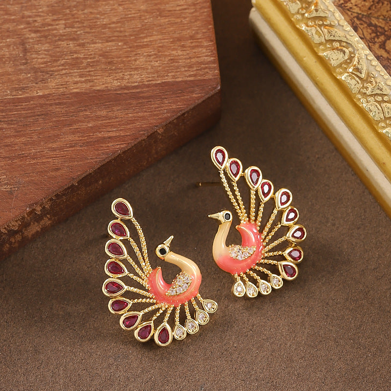 Elegant Peacock Drop Earrings With Crystal Accents