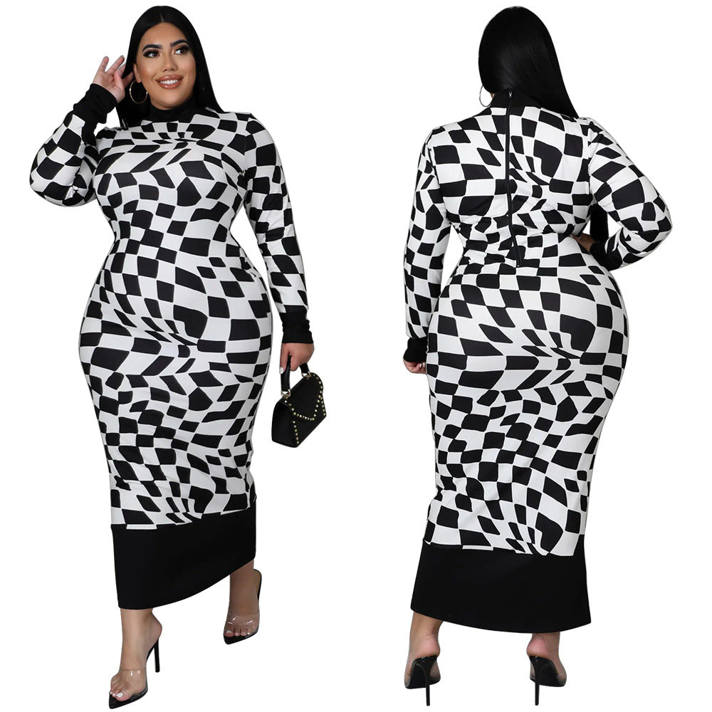 Checkered Print Long Sleeve Dress Elegant Style