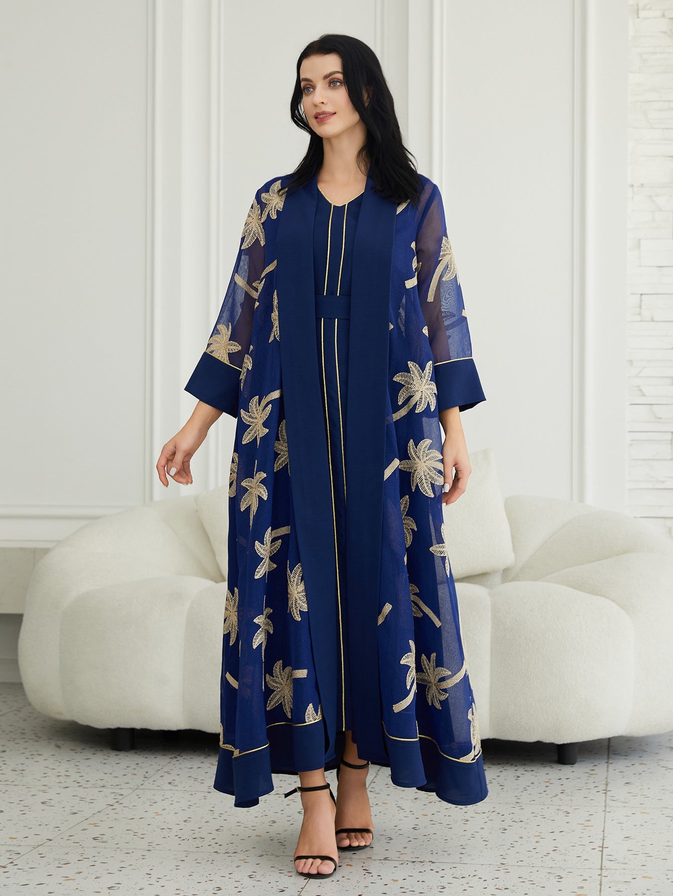 Embroidered Long Kimono Dress Set in Navy Blue and White