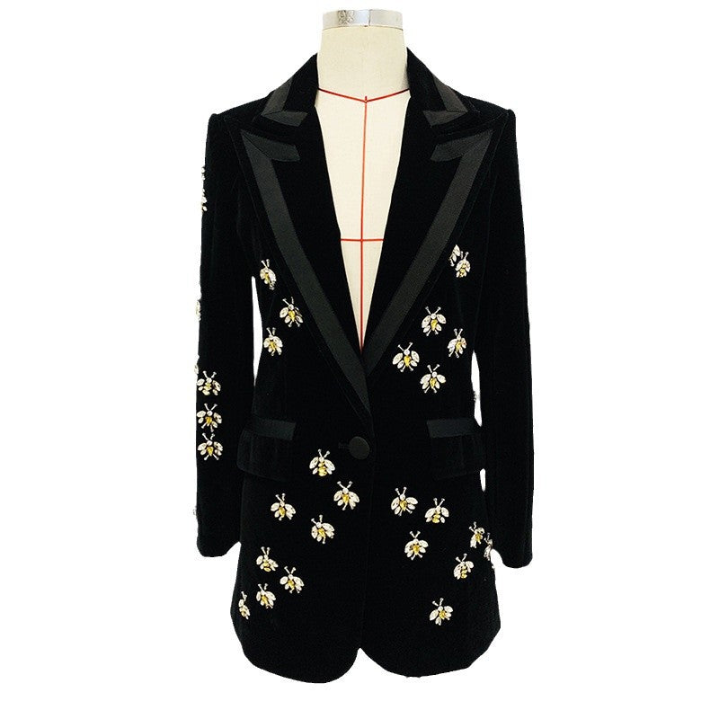 Stylish Fitted Bee Embellished Velvet Blazer