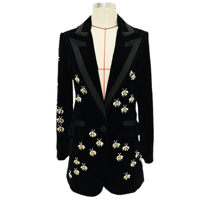 Stylish Fitted Bee Embellished Velvet Blazer