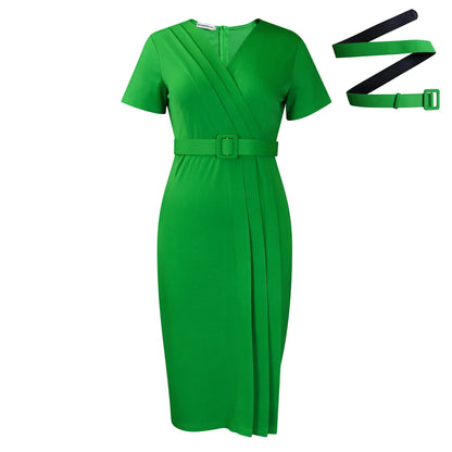 Elegant V-Neck Midi Pencil Dress With Belt