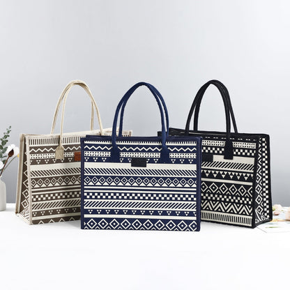 Geometric Canvas Tote Bag Durable Zipper Shoulder Bag