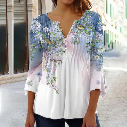 Spring And Summer Fashion New Women'S Clothing Floral Printing V-Neck Short-Sleeved Pleated Button-Up T-Shirt Bottoming Shirt