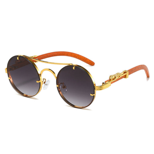 Vintage Round Metal Frame Sunglasses with Leopard Head Decoration