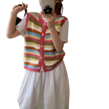Rainbow Stripe Knit Vest for Women Soft Casual Sleeveless Cardigan