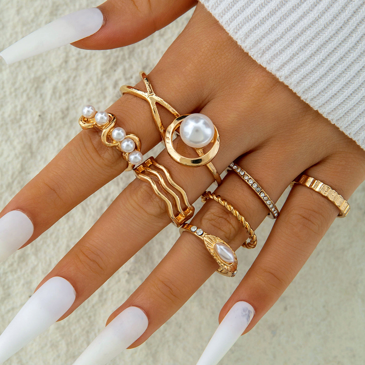 Irregular Pearl Ring Set Trendy Gold Retro Geometric Statement Rings