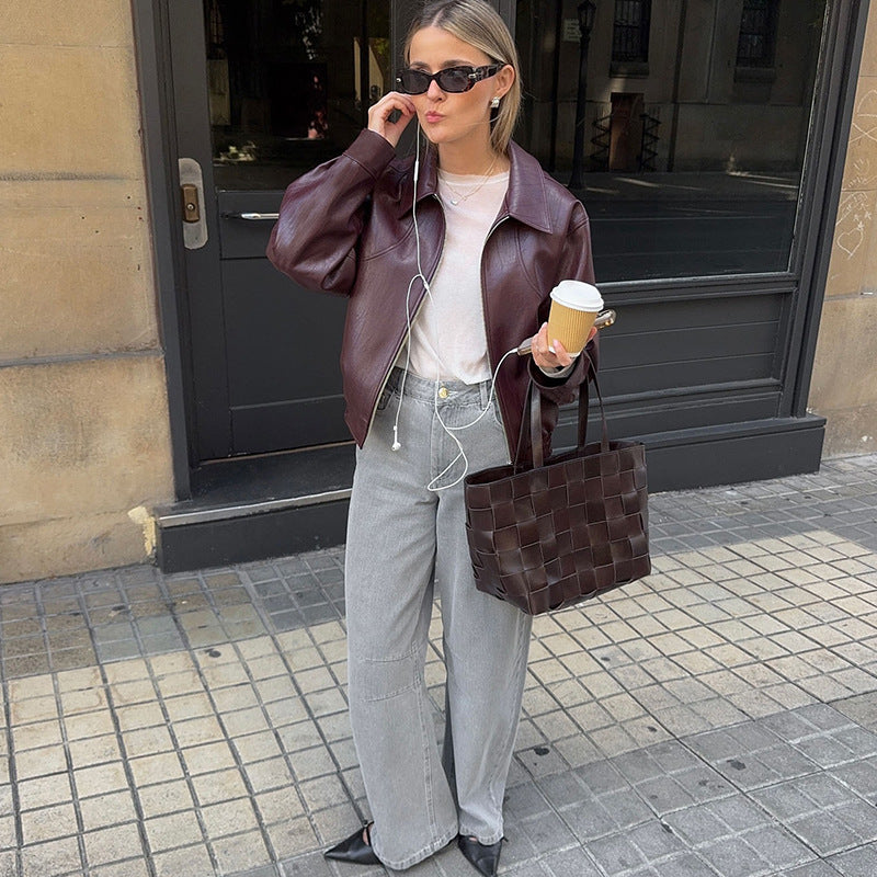 Burgundy Casual Pu Faux Leather Long Sleeve Jacket