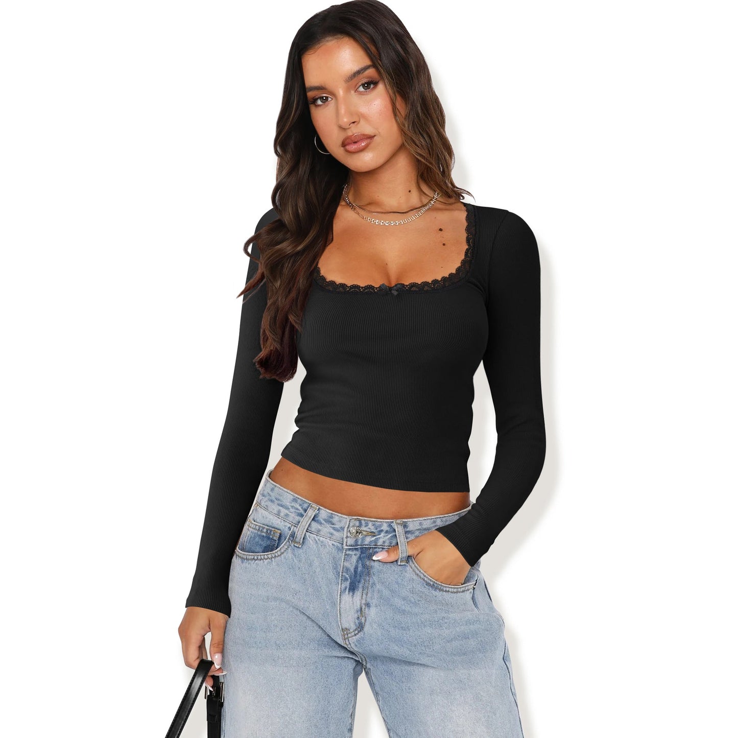 Women’s Long Sleeve Lace Trim U-Neck T-Shirt