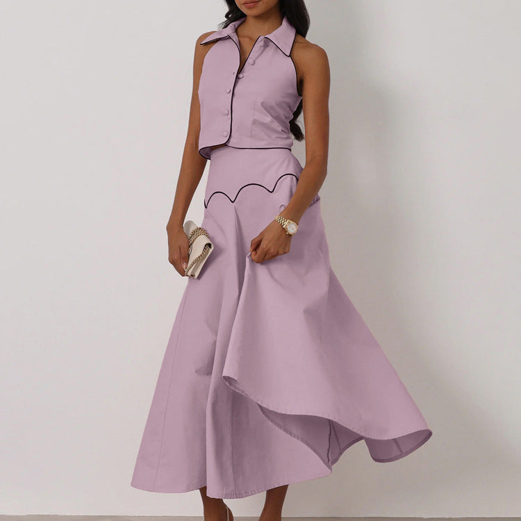 Elegant French-Inspired Sleeveless Cardigan and Long Skirt Set