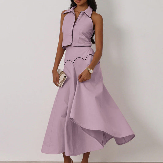 Elegant French-Inspired Sleeveless Cardigan and Long Skirt Set