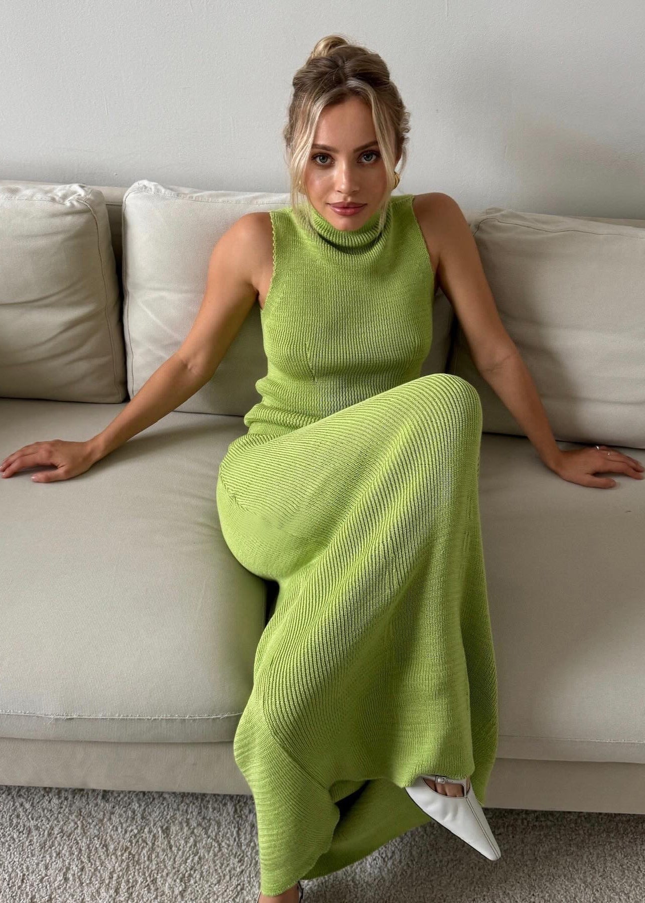 Knit Turtleneck Vest And Maxi Skirt Set In Stretch Fabric