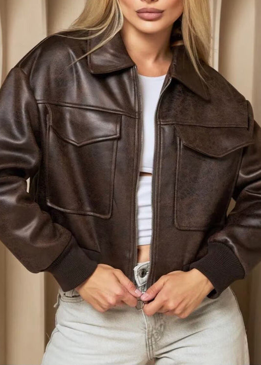 Vintage Faux Leather Bomber Jacket With Oversized Pockets