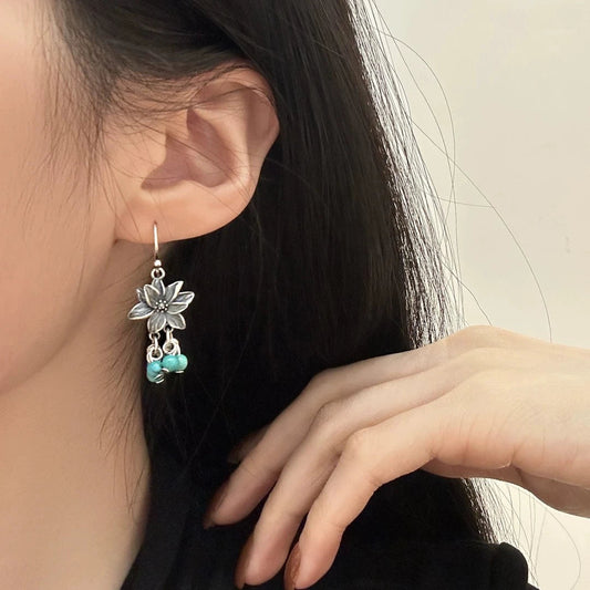 925 Silver Retro New Tibetan Lotus Fringed Turquoise Earrings Women'S Ethnic Style Old Niche Design High Sense