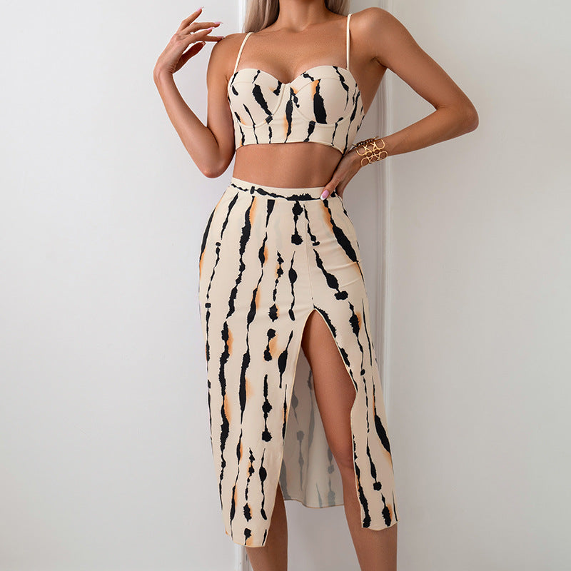 3PCS Print Strap Side Split Dress Cover Swimwear