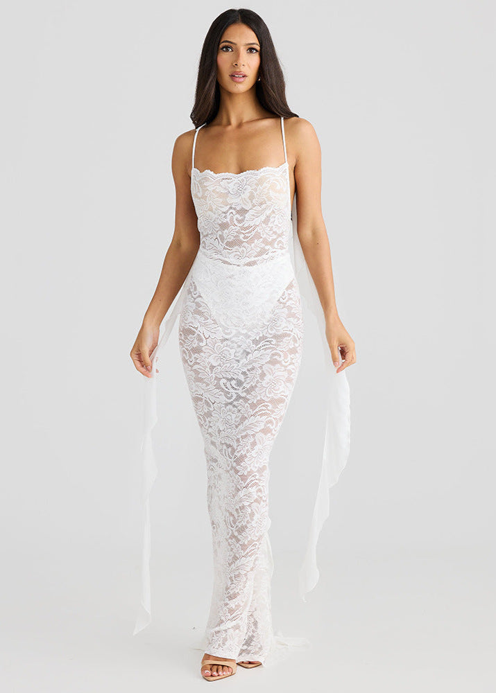 Sheer Lace Backless Maxi Dress White