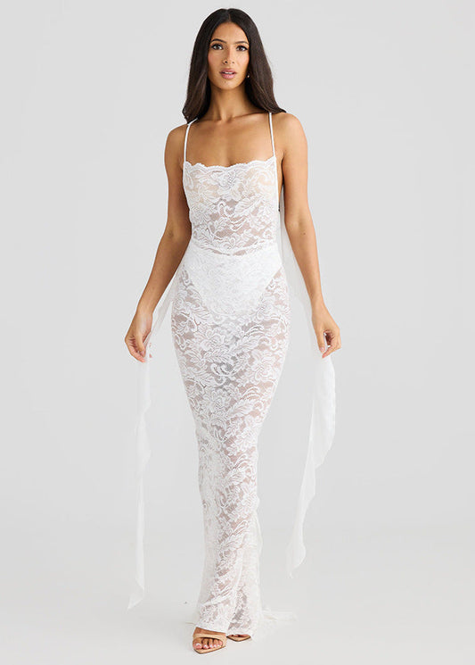 Sheer Lace Backless Maxi Dress White