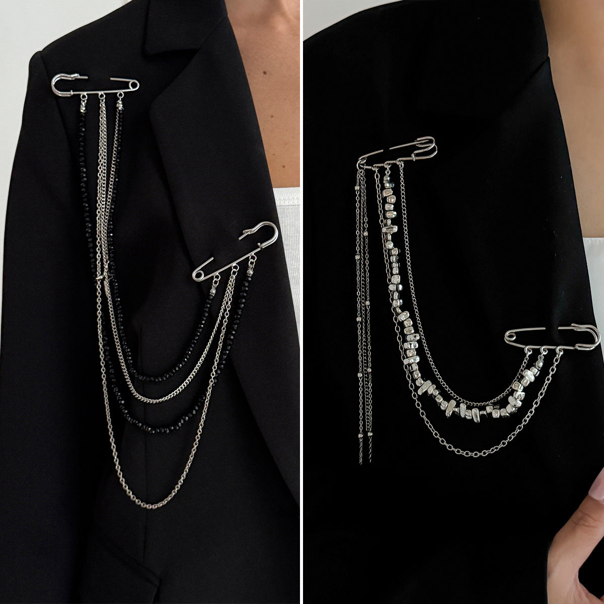 Punk Hip Hop Long Chain Tassel Brooch Stylish Star Dual Pins Suit Accessories