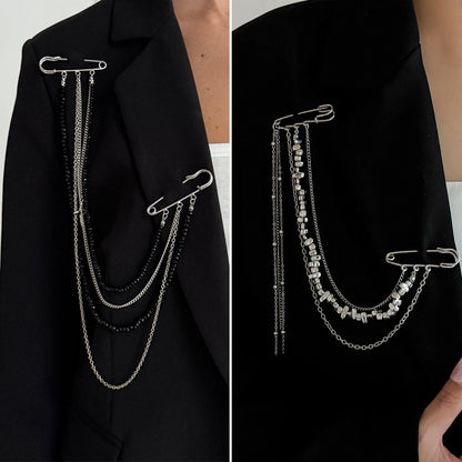 Punk Hip Hop Long Chain Tassel Brooch Stylish Star Dual Pins Suit Accessories
