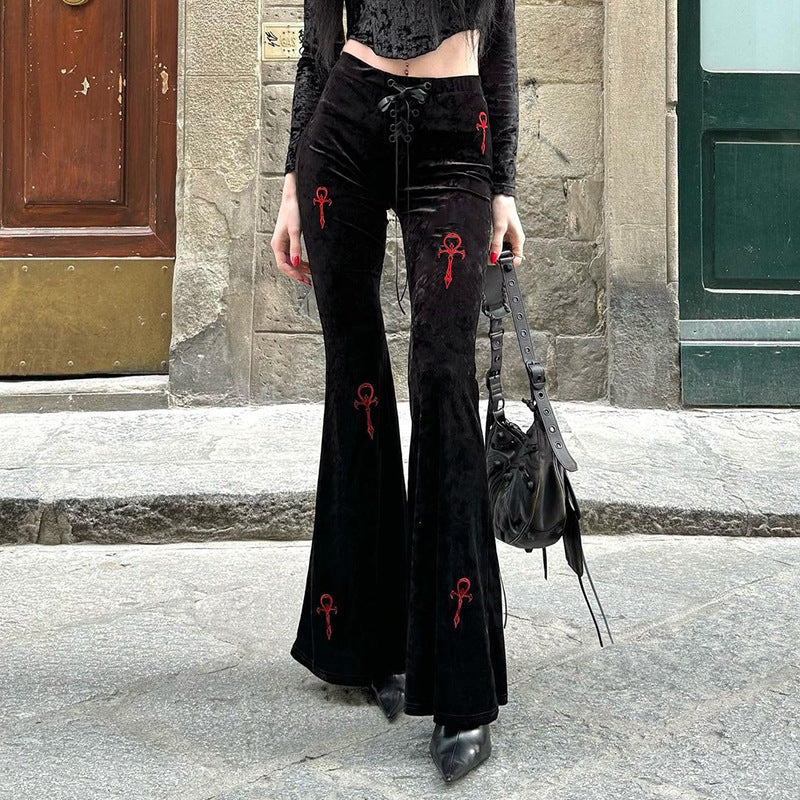 Casual High-Waisted Flare Pants with Cross Embroidery