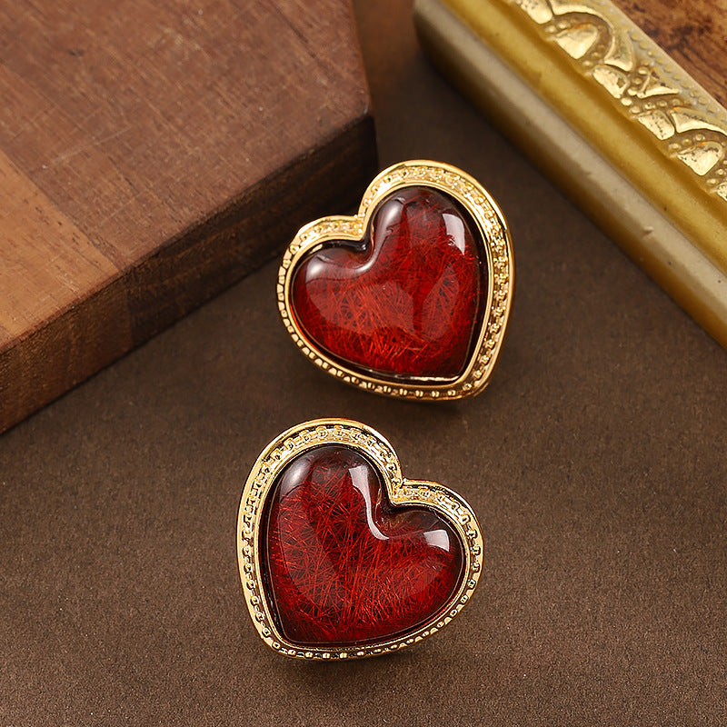 Heart-Shaped Resin Earrings Elegant Retro Style