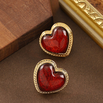 Heart-Shaped Resin Earrings Elegant Retro Style