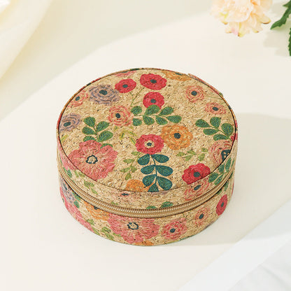Vintage Flower Print Round Wooden Jewelry Case