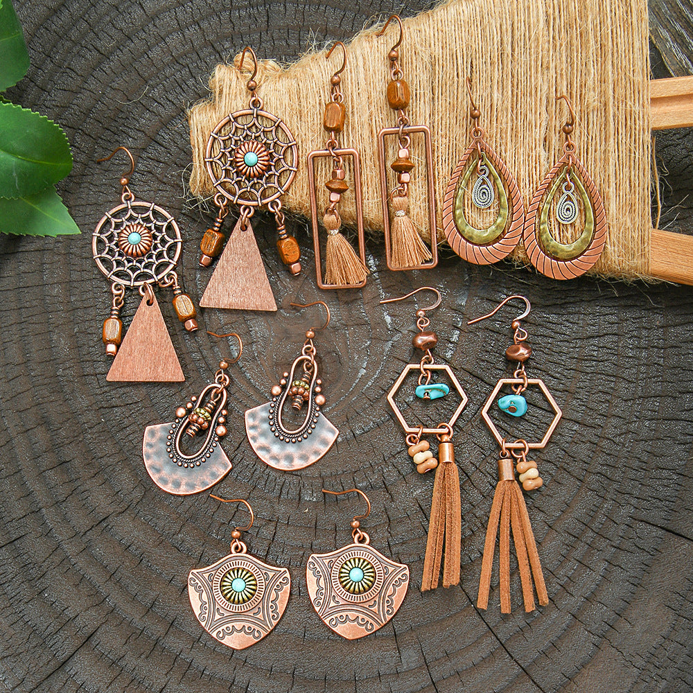 Bohemian Vintage Brown Earring Set Geometric Tassel Earrings