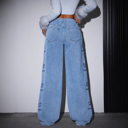 Casual Bow Print High Waist Baggy Jeans