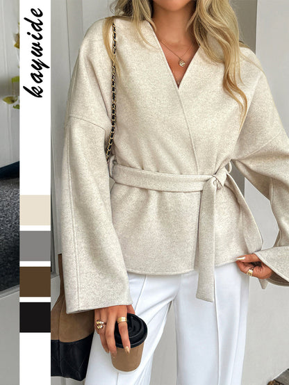 Casual Belted Long Sleeve Blazer For Women